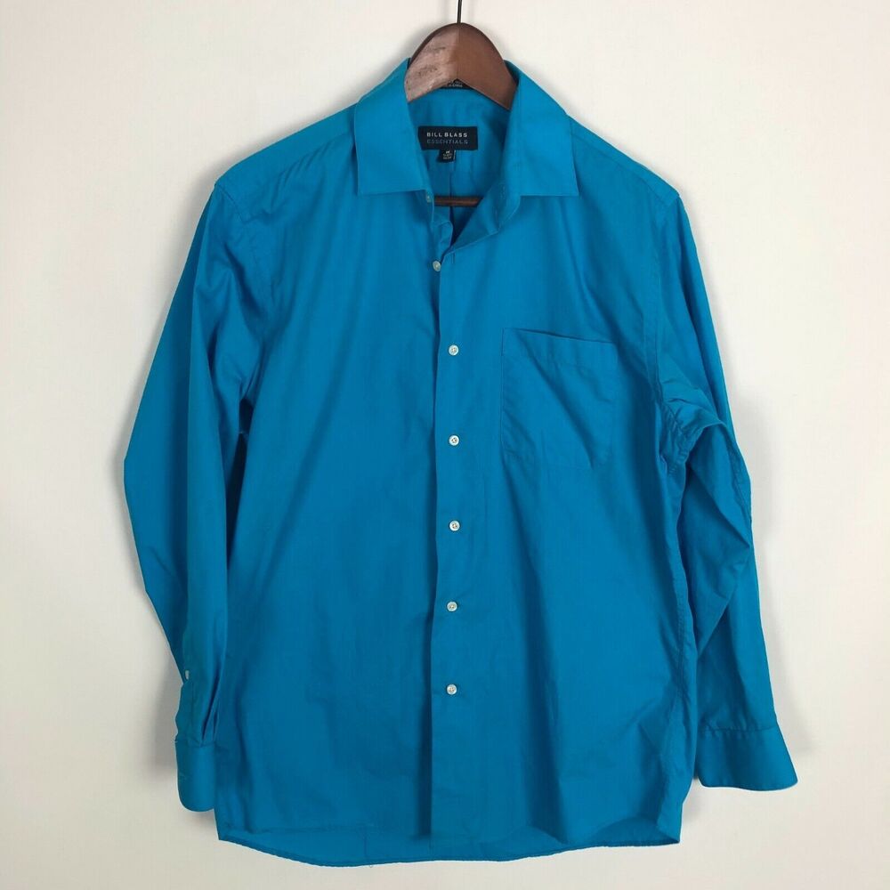 Bill Blass Essentials Blue Button Front Long Sleeve Dress Shirt Men's Medium 15